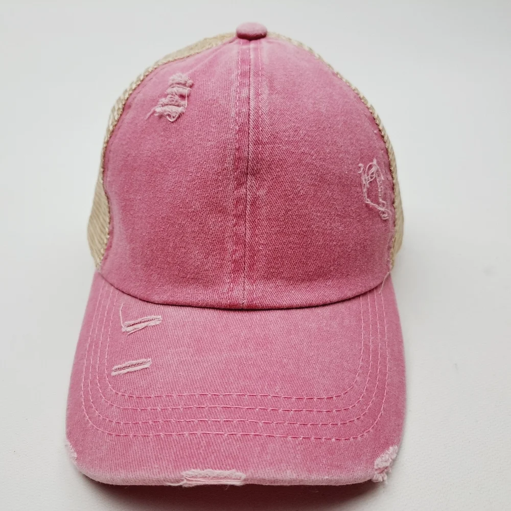 Ponytail Criss-cross Mesh Trucker Women's Cap Hat Distressed Pink